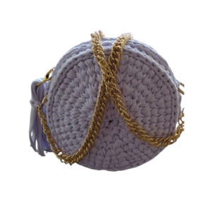 Bolsa Artesanal em Fio de Malha – Branca Redonda com Alças Douradas